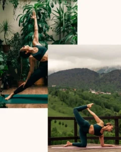 Best yoga trainer in Calicut. A yoga trainer is practising yoga moves from balcony facing the beautiful green mountains